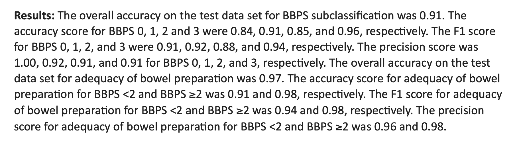 The results obtained on test data using our best model for bowel
      preparation assessment.